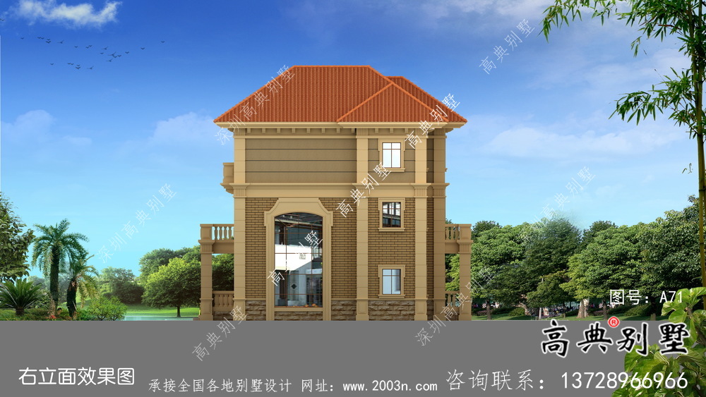 独幢古典风格经济三层别墅建筑设计图纸+设计效果图