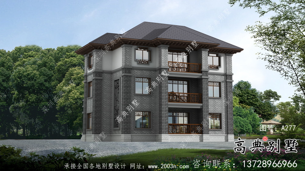 农村三层新中式别墅建筑设计效果图