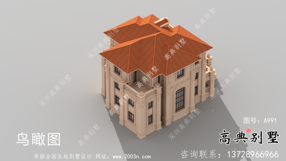 欧式三层乡村石材别墅带车库设计图纸