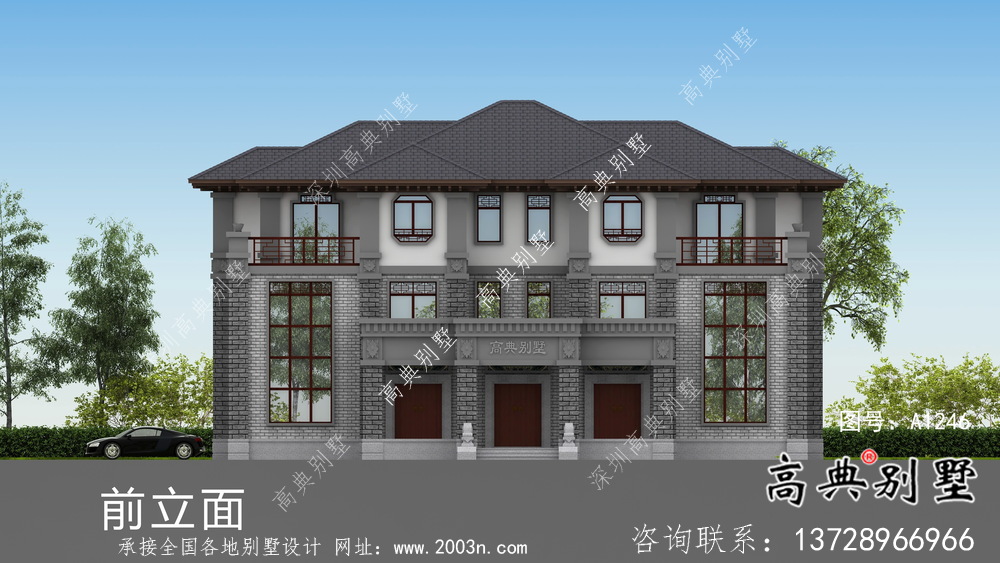 农村新中式三层双拼别墅设计图纸及效果图