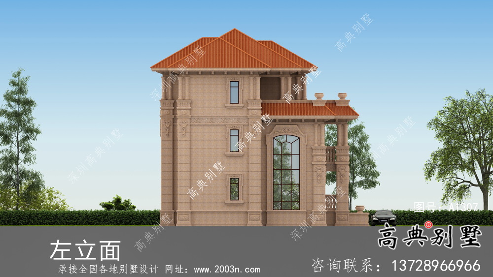 农村三层欧式自建石材小别墅外观图