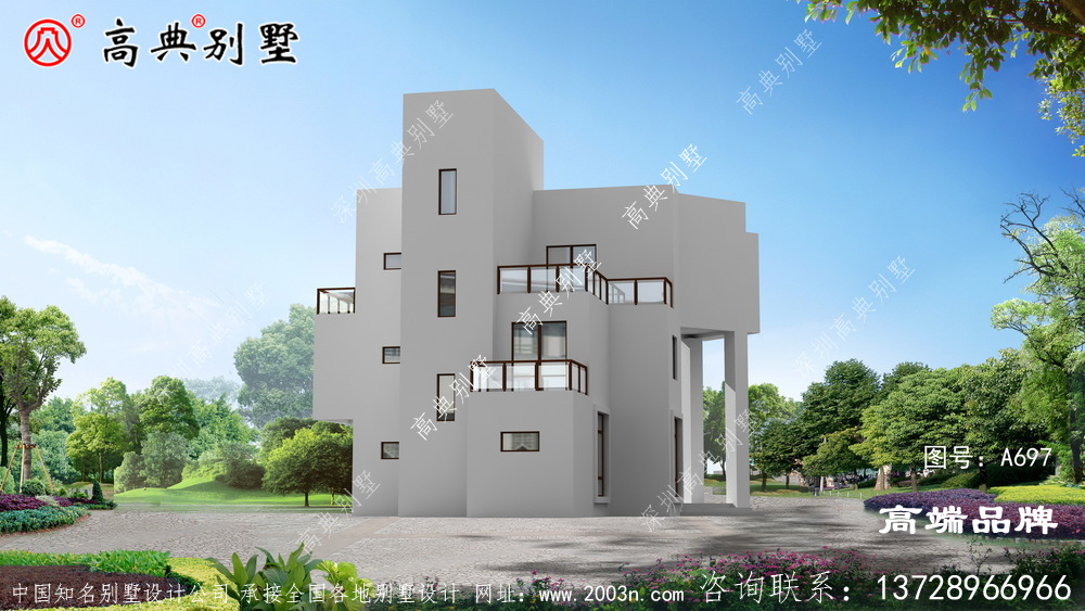 现代三层楼房设计图，庄重大气，双露台