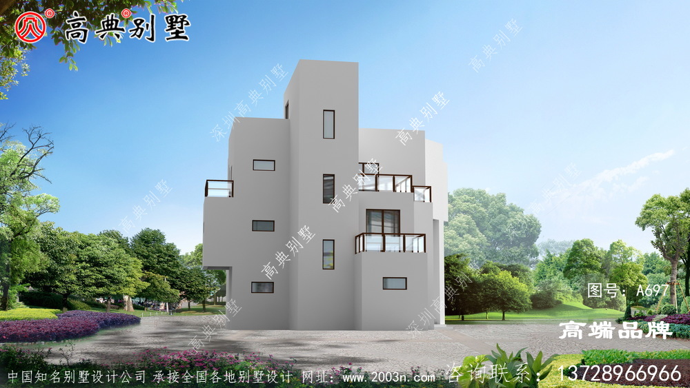 现代三层楼房设计图，庄重大气，双露台