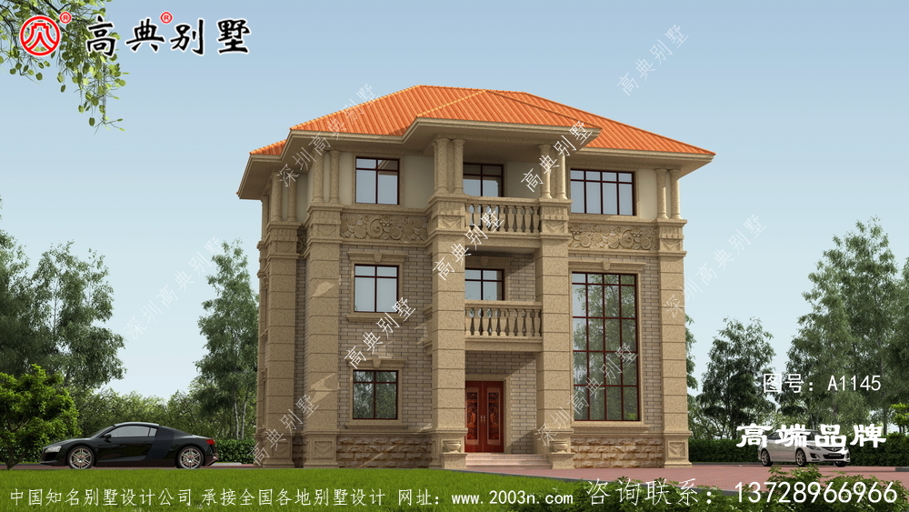 农村复式三层高档欧式别墅效果图