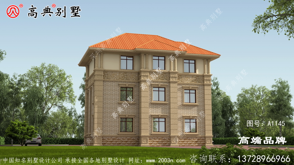 农村复式三层高档欧式别墅效果图
